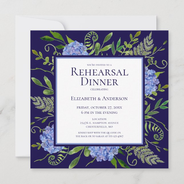 Blue Hydrangeas Floral Probe Abendessen Einladung (Vorderseite)
