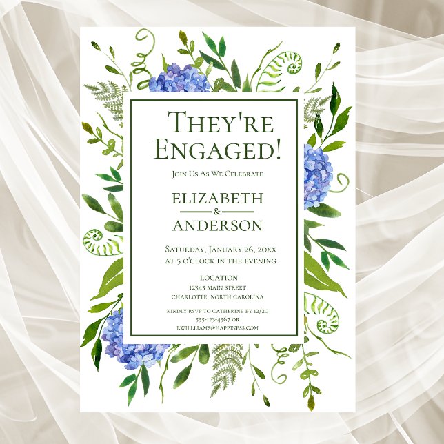Blue Hydrangeas Floral Watercolor Engagement Party Einladung (Von Creator hochgeladen)