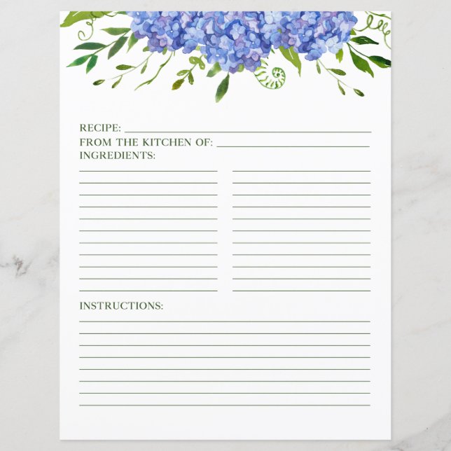 Blue Hydrangeas Floral Watercolor Rezept Seite (Vorderseite)