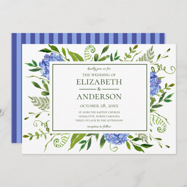 Blue Hydrangeas Floral Watercolor Wedding Einladung (Vorne/Hinten)