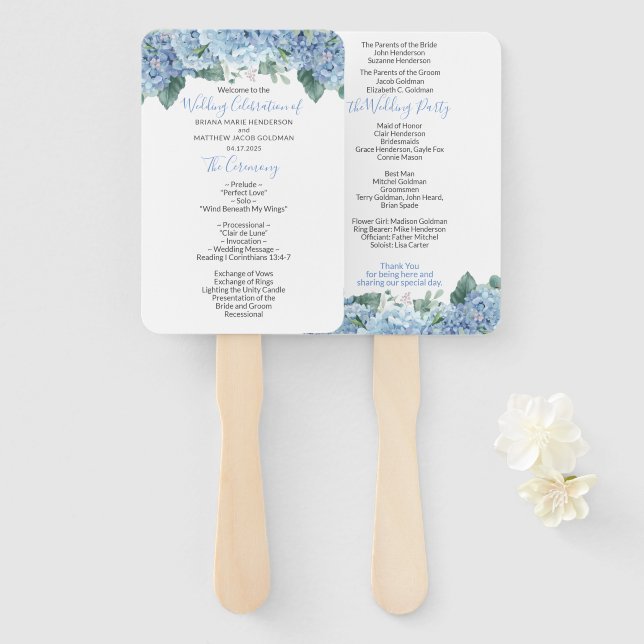 Blue Hydrangeas Floral Wedding Program Hand Fan Fächer (Vorne und Hinten)