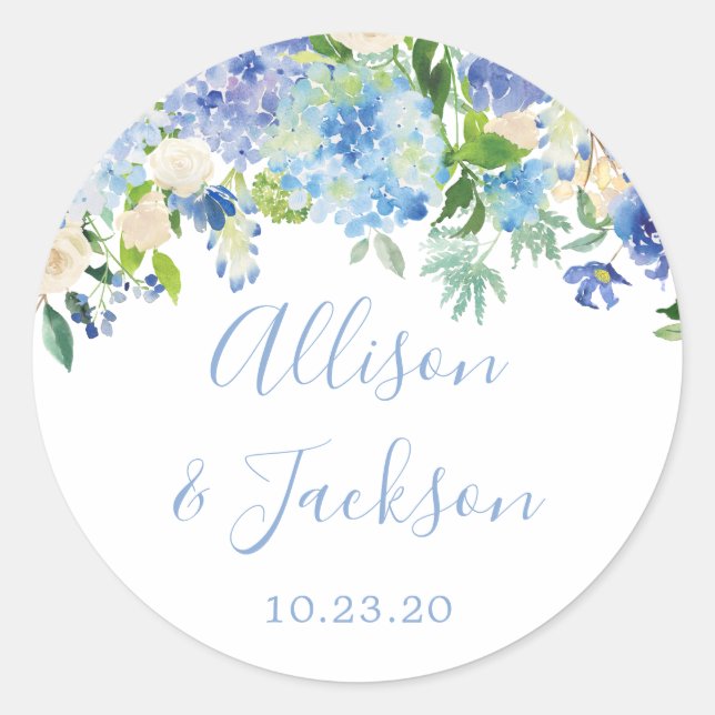 Blue Hydrangeas Floral Wedding Round Sticker (Vorderseite)