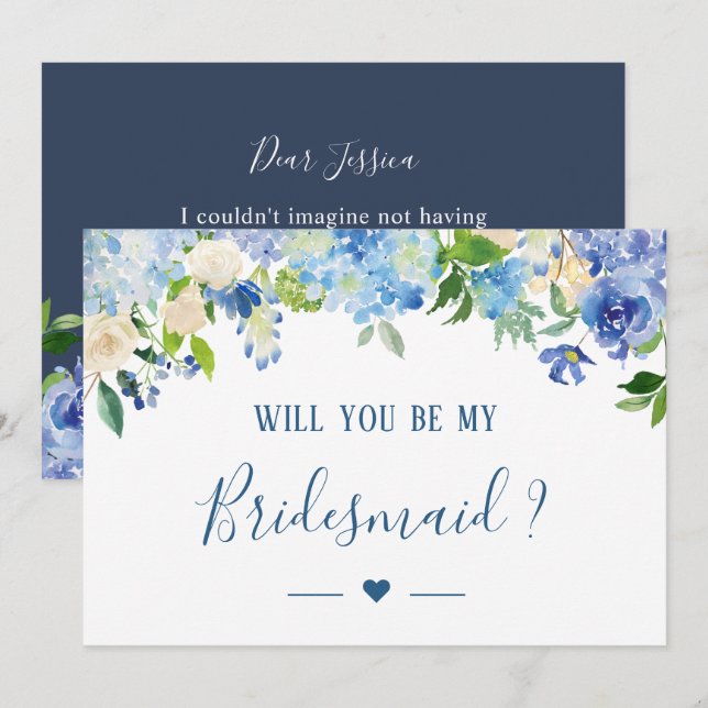 Blue Hydrangeas Floral werden Sie meine Bridesmaid Einladung (Vorne/Hinten)