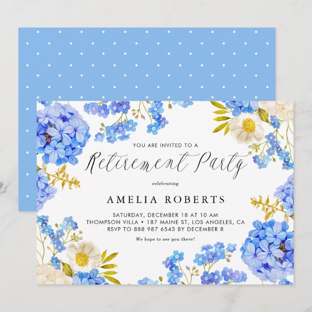 Blue Hydrangeas Floral Winter Retirement Party Einladung (Vorne/Hinten)