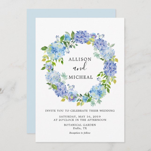 Blue Hydrangeas Floral Wreath Einladung (Vorne/Hinten)