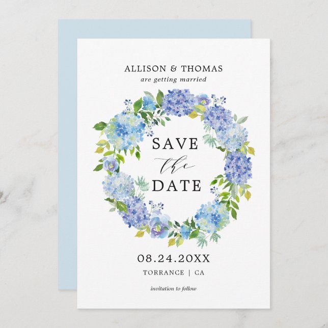 Blue Hydrangeas floral Wreath Save the Data Cards Einladung (Vorne/Hinten)