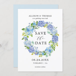 Blue Hydrangeas floral Wreath Save the Data Cards Einladung
