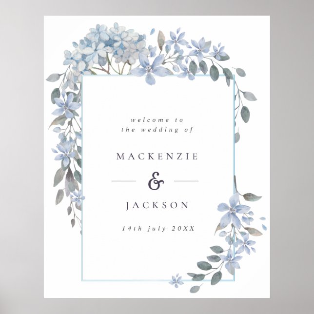 Blue Hydrangeas Frame Watercolor Hochzeit Willkomm Poster (Vorne)