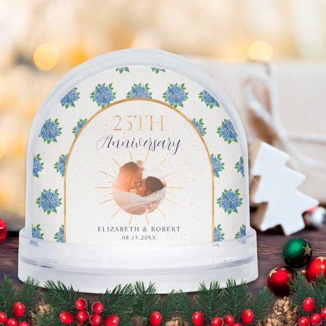 Blue Hydrangeas Gold Custom Photo 25th Anniversary Schneekugeln (Von Creator hochgeladen)