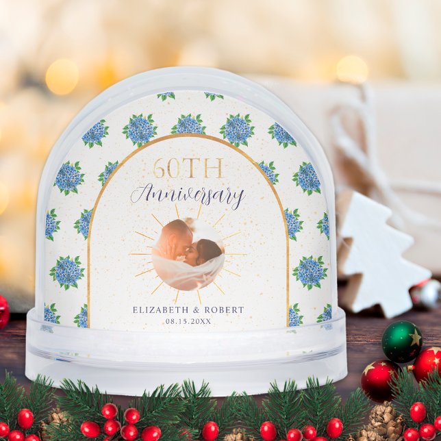 Blue Hydrangeas Gold Custom Photo 60th Anniversary Schneekugeln (Von Creator hochgeladen)