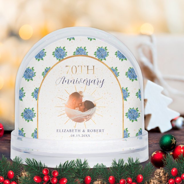 Blue Hydrangeas Gold Custom Photo 70th Anniversary Schneekugeln (Von Creator hochgeladen)