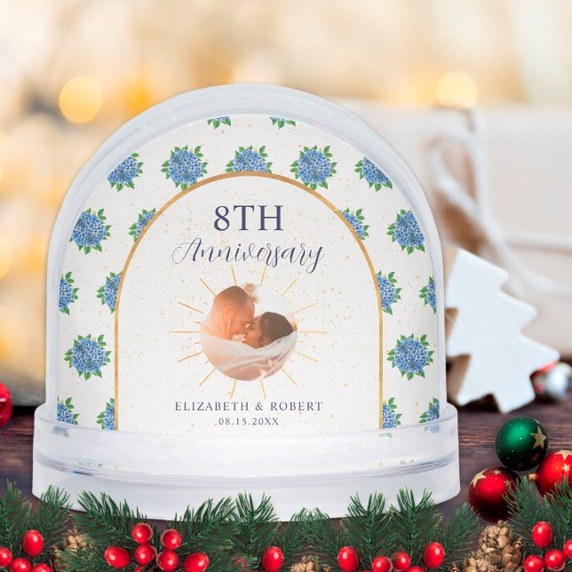 Blue Hydrangeas Gold Custom Photo Anniversary Schneekugeln (Von Creator hochgeladen)