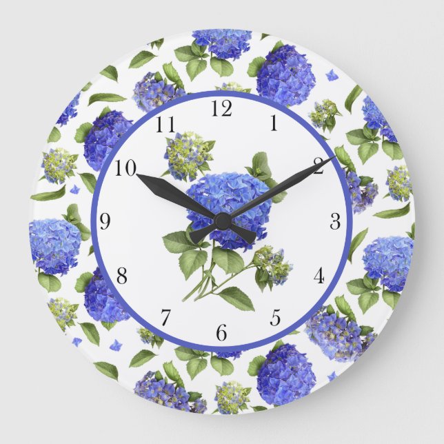 Blue Hydrangeas Große Wanduhr (Vorderseite)