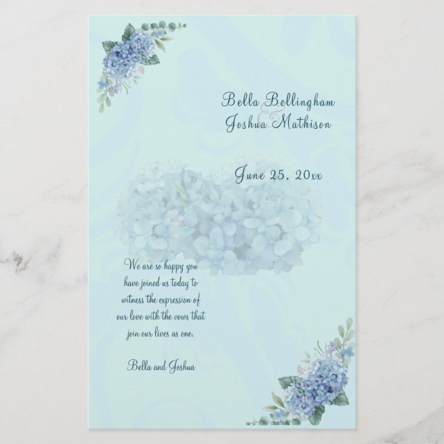 Blue Hydrangeas Hochzeitsprogramm (Vorderseite)