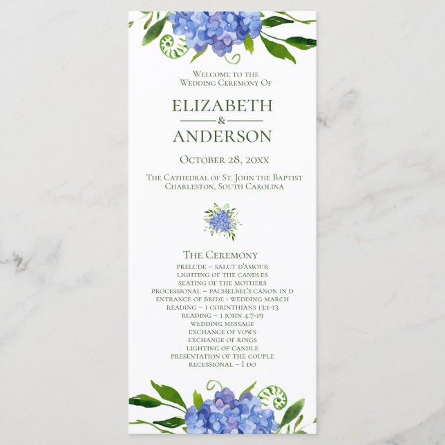 Blue Hydrangeas Hochzeitsprogramm Programm (Vorderseite)