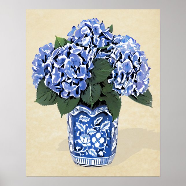 Blue Hydrangeas in Blue Pot auf Pergamentpapier Poster (Vorne)
