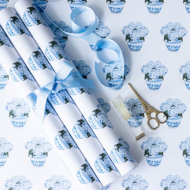 Blue Hydrangeas in Chinoiserie Pot Geschenkpapier Set (Blue Hydrangea Watercolor Chinoiserie Gift Wrap Sheets)