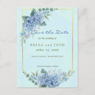 Blue Hydrangeas in Frame in Blue Save the Date Postkarte