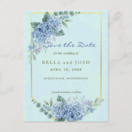 Blue Hydrangeas in Frame in Blue Save the Date Postkarte