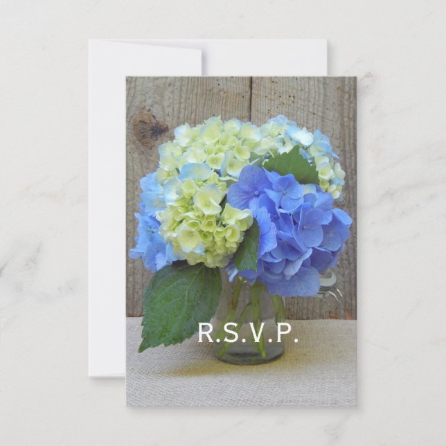 Blue Hydrangeas Mason Jar Rustic Wedding RSVP Karte (Vorderseite)