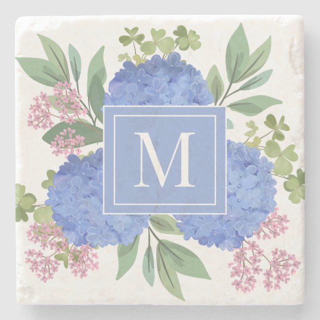 Blue Hydrangeas Modern Bouquet Custom Monogram Steinuntersetzer (Vorderseite)