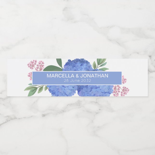 Blue Hydrangeas Modern Bouquet Custom Wasserflaschenetikett (Einzelnes Label)