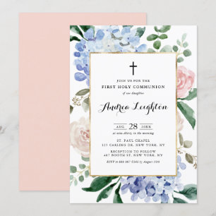 Blue Hydrangeas & Pink Roses Erste heilige Kommune Einladung