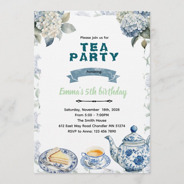 Blue Hydrangeas tea party Invitation Einladung (Vorderseite)