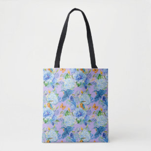 Blue Hydrangeas und Hummingbirds Tote Bag