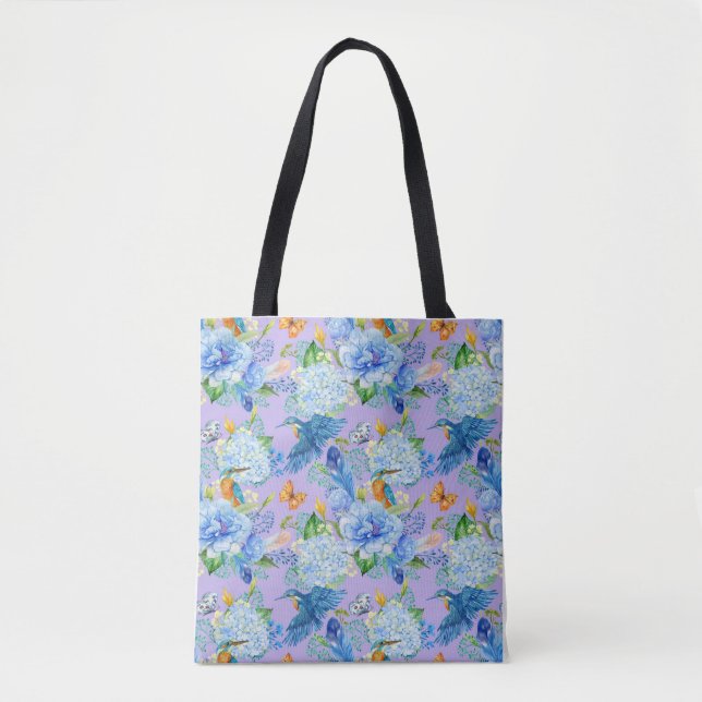 Blue Hydrangeas und Hummingbirds Tote Bag (Vorderseite)