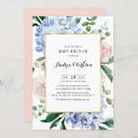 Blue Hydrangeas und Pink Roses Baby Dusche Brunch Einladung<br><div class="desc">Mit diesem eleganten Blumenbrunch laden Familie und Freunde zu Ihrer Veranstaltung ein. Es zeigt Aquarellbilder von blauen Hydrangeas, rot-rosa Rosen, Eukalyptus und Grün mit Imitaten goldenen Rahmen. Personalisieren Sie diese durch Hinzufügen von Event-, Name-, Zeit-, Datum-, Veranstaltungs- und anderen Veranstaltungsdetails. Sie können auch das Hinterbild in ein Foto oder ein...</div>