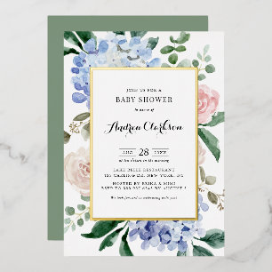 Blue Hydrangeas und Pink Roses Baby Dusche Folieneinladung