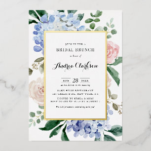 Blue Hydrangeas und Pink Roses Bridal Brunch Folieneinladung
