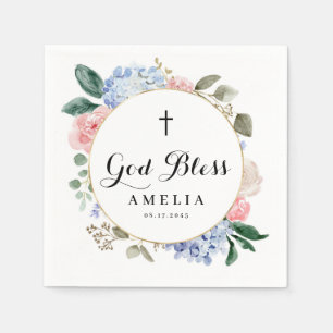 Blue Hydrangeas und Rose Gott segne Taufe Serviette