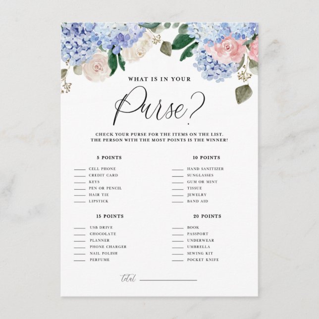 Blue Hydrangeas Was ist in Ihrer Purse Game Card? Begleitkarte (Vorderseite)