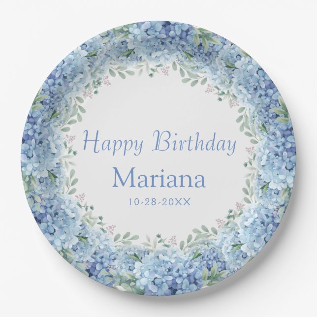 Blue Hydrangeas Watercolor Floral Geburtstag Pappteller (Vorderseite)