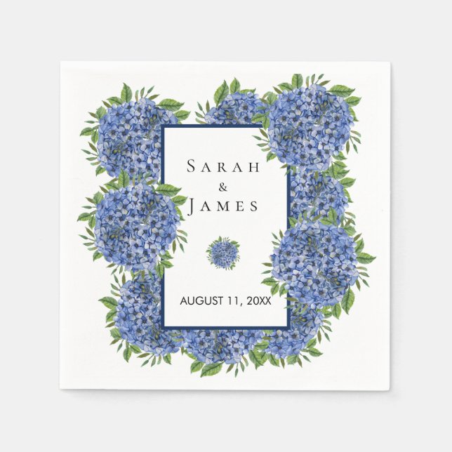 Blue Hydrangeas Watercolor Hochzeitsempfang Serviette (Vorderseite)