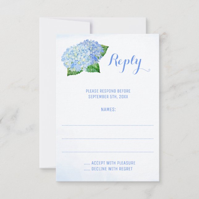 Blue Hydrangeas Watercolor Hochzeitskarten RSVP Karte (Vorderseite)