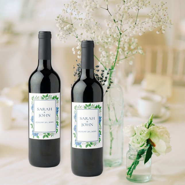 Blue Hydrangeas Watercolor Wedding Wine Label Weinetikett (Von Creator hochgeladen)
