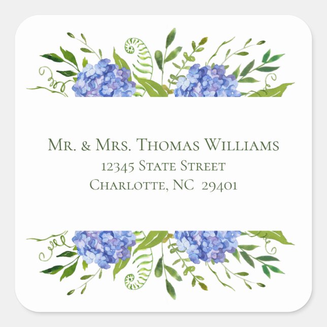 Blue Hydrangeas Wedding Address Quadratischer Aufkleber (Vorderseite)