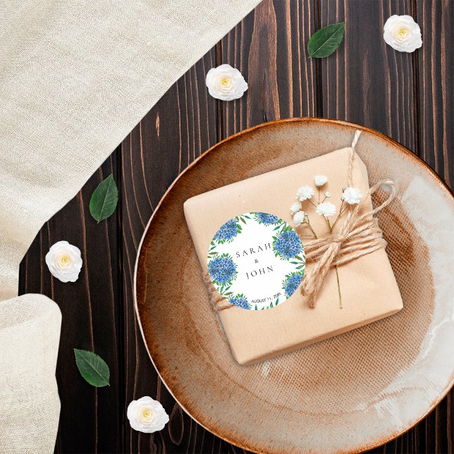 Blue Hydrangeas Wedding Classic Round Sticker (Von Creator hochgeladen)