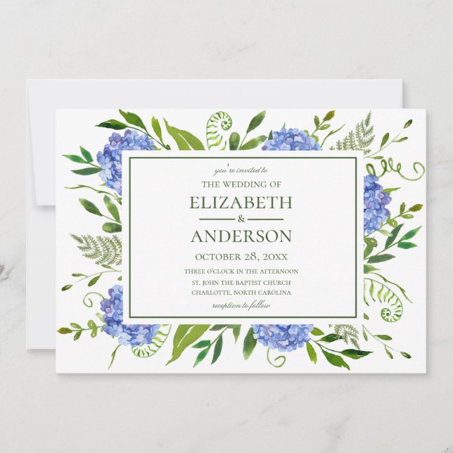 Blue Hydrangeas Wedding Einladung (Vorderseite)