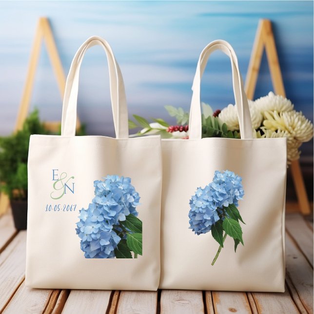 Blue Hydrangeas Wedding Mit Monogramm Tragetasche (Von Creator hochgeladen)