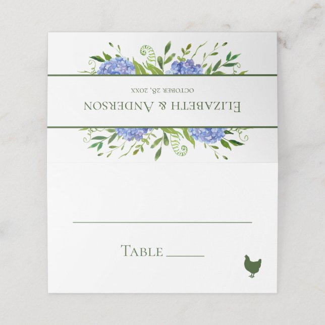 Blue Hydrangeas Wedding Platzkarte (Außenseite Aufgefaltet)
