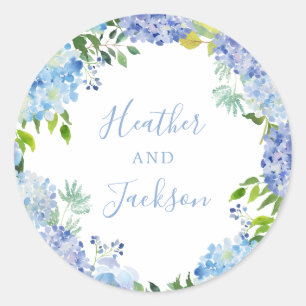 Blue Hydrangeas Wreath Wedding Round Sticker