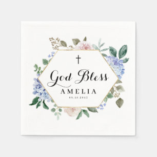 Blue Hydrangees und Rose Gott segne Bläserrahmen Serviette