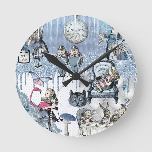 Blue Ice Alice im Wunderland Glitzer Runde Wanduhr (Vorderseite)
