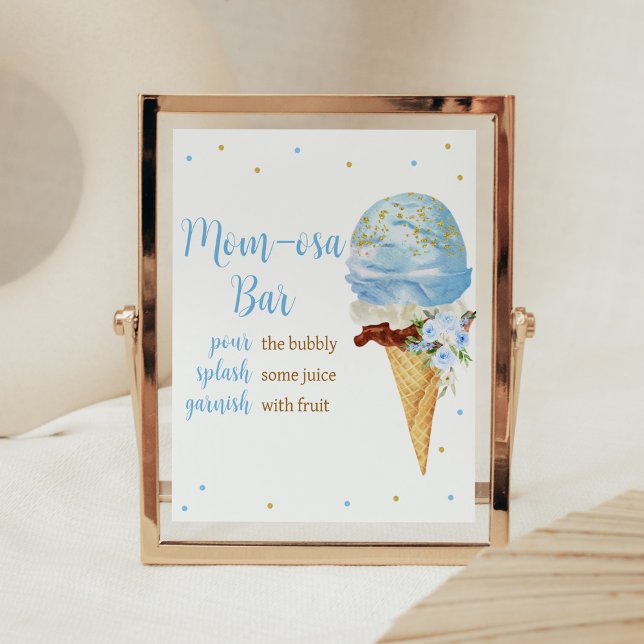 Blue Ice Cream Baby Dusche Mama Osa Bar Poster (Here's the Scoop Baby Shower Mom Osa Bar Sign)