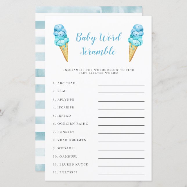 Blue Ice Cream Baby Word Scramble Game (Vorne/Hinten)