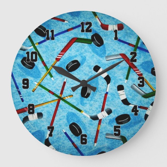 Blue Ice Hockey Theme Große Wanduhr (Vorderseite)
